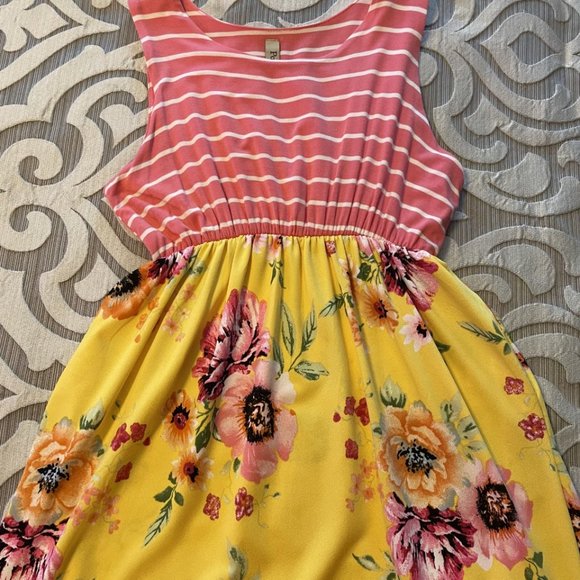 Girl’s Tween Size Large Pomelo Yellow Floral Pink Stripes Sleeveless Maxi Dress - Picture 3 of 4